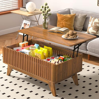 Lift Top Coffee Table with Hidden Compartment, Mid Century Modern Coffee Table for Living Room, Fluted Design Farmhouse Center Table with Storage (Walnut, 35.4" W) - color: Walnut