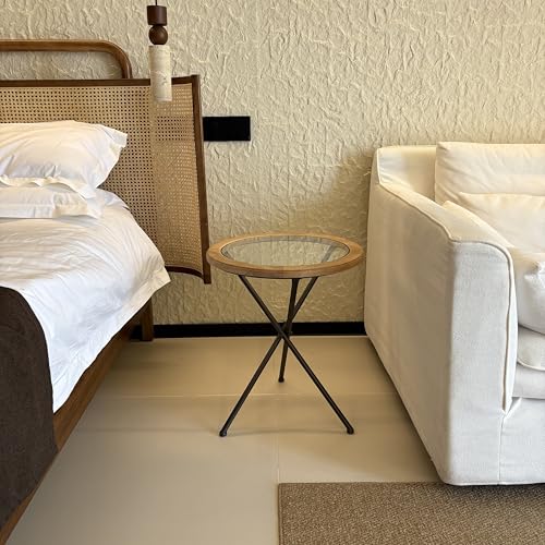 Minimalist Mid-Century Modern Round End Table, Solid Wood Tempered Glass Side Table, Accent Table with Metal Tripod Legs for Living Room, Bedroom, Balcony, Office & Small Spaces (17.22" D x 21.26" H)