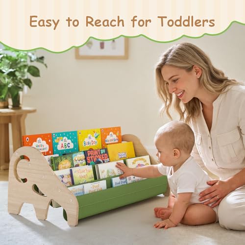 LAMU Kids Bookshelf, 4 Tier Solid Pine Wood Toddler Bookshelf, Book Shelf for Kids Rooms, Portable Montessori Bookcase, Childrens Book Storage Display for Baby's Bedroom Nursery Playroom (Elephant)