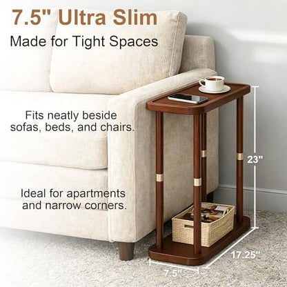 Narrow Side Table, 2-Tier Solid Wood Slim End Table for Small Spaces, 7.5-Inch Skinny Nightstand with Tray Top Storage Shelf for Bedroom, Living Room, Sofa Side, Red Brown - color: Red Brown