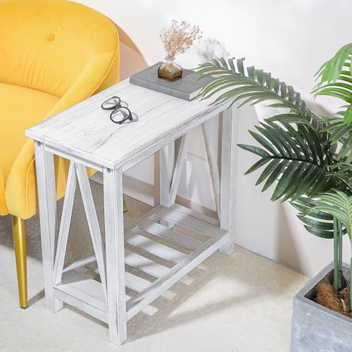Farmhouse Narrow End Table Wooden Rustic White Side Tables with Storage Shelves Narrow Sofa Table for Small Spaces Living Room Bedroom Bathroom Dorm - color: Rustic White
