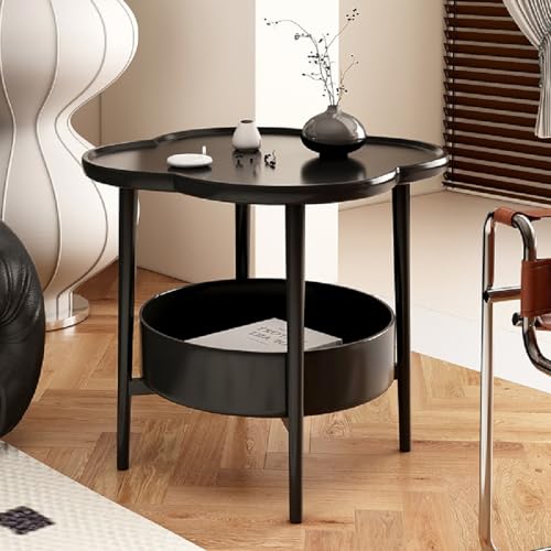 2-Tier Modern Side Table for Couch, Four-Leaf Clover Shape End Table Small Nightstand Coffee Tea Table Snack Table Sofa Side Table with Storage for Living Room Bedroom - color: Black