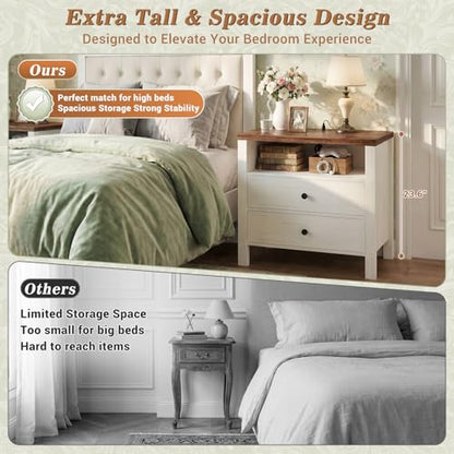 Aheaplus Nightstand with Charging Station, 23.6'' Large Bed Side Table with Wooden 2 Drawers, Night Stand for Bedroom, End Table with Open Storage Shelf for Living Room, Set of 2, White & Brown - color: White & Brown