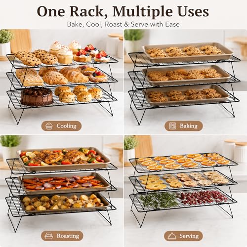 Cooling Rack 16"x10", 3-Tier Stackable & Collapsible Cooling Racks | Cooling Racks for Cooking and Baking, Roasting, Grilling, Oven & Dishwasher Safe (Black, 3-Tier) - color: Black, size: 3-Tier