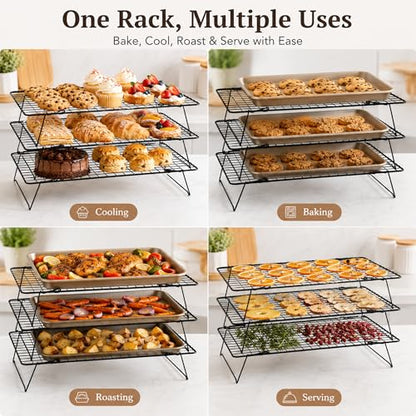 Cooling Rack 16"x10", 3-Tier Stackable & Collapsible Cooling Racks | Cooling Racks for Cooking and Baking, Roasting, Grilling, Oven & Dishwasher Safe (Black, 3-Tier) - color: Black, size: 3-Tier