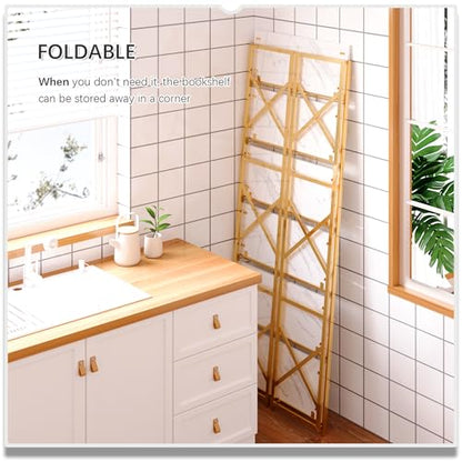 4NM 6 Tiers No Assembly Book Shelves, 61.8" H Folding Bookshelf Bookcase Open Industrial Foldable Shelves for Bedroom, Living Room, Home Office - White Gold - color: White Gold, size: XX 6-Tier