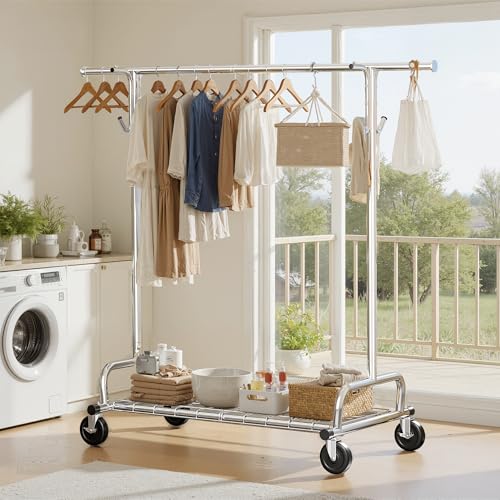 Raybee Heavy Duty Clothes Rack Rolling Garment Rack with Extra Hanging Hook | Expandable, Height Adjustable, Tool-free Assembly, 360° Lockable Wheels, Rolling Clothing Rack for Bedroom Laundry Room - color: Chrome, style: Mesh Shelf