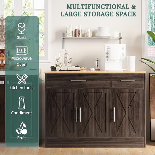 Shintenchi Modern Farmhouse Sideboard Buffet Cabinet,Barn Doors Buffet Cabinet with 2 Drawers & 3 Doors,Wood Coffee Bar Cabinet with Adjustable Shelf for Kitchen Living Room,Brown - color: Brown
