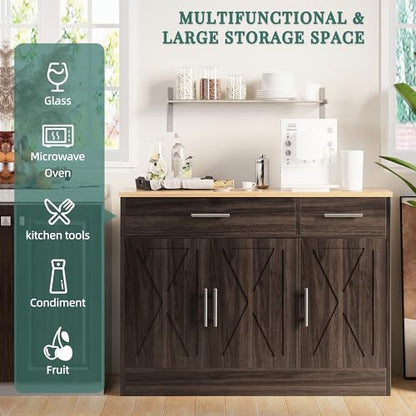 Shintenchi Modern Farmhouse Sideboard Buffet Cabinet,Barn Doors Buffet Cabinet with 2 Drawers & 3 Doors,Wood Coffee Bar Cabinet with Adjustable Shelf for Kitchen Living Room,Brown - color: Brown