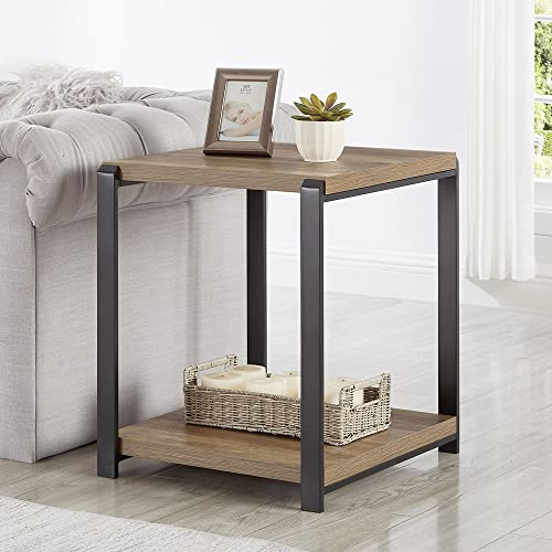 FOLUBAN Industrial End Table, Square Side Table with Storage Shelf for Living Room, Wood and Metal Nightstand, Oak - color: Oak