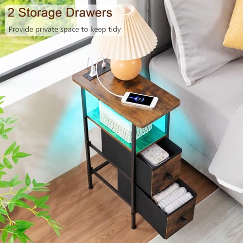 LOAKEKEL Narrow Nightstand with Charging Station, End Tables Living Room Set of 2, Skinny Side Table with Fabric Drawers, Small Sofa Table with LED Light for Bedroom, Brown, HETNDP02LBR - color: Rustic Brown + Black, style: Power + Light