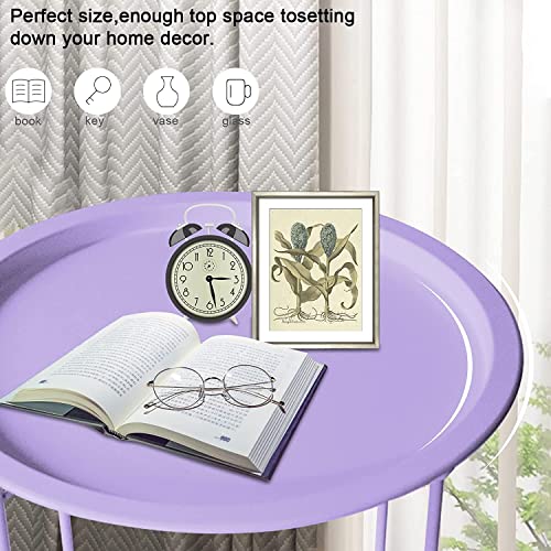 Garden 4 you End Table 2 PCS Metal Side Table Purple Round Folding Tray Cyan Sofa Small Accent Fold-able Table, Round End Table Tray, Next to Sofa Table, Snack Table for Living Room and Bed Room - color: Purple