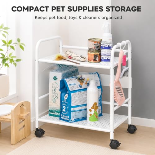 2-Tier Metal Rolling Cart, Compact Under Desk Storage Organizer | 12.2" clearance fits binders & tall bottles; anti-drop safety guard; small space mobile shelf for home, bedroom & office. - color: White