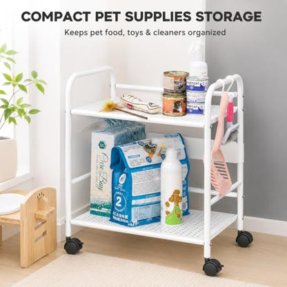 2-Tier Metal Rolling Cart, Compact Under Desk Storage Organizer | 12.2" clearance fits binders & tall bottles; anti-drop safety guard; small space mobile shelf for home, bedroom & office. - color: White