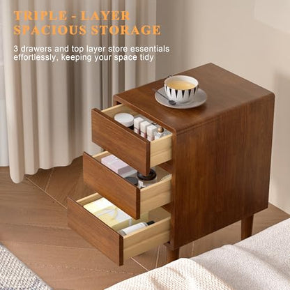 Nightstand with 3 Drawers Narrow Night Stand Solid Wood Bedside Table Mid Century Modern Nightstand Wooden End Table for Bedroom, Study, Office - color: Walnut-3d, size: 15.75''×11.8''×23.62''