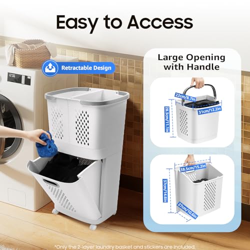 2 Tier Rolling Laundry Hamper Sorter, Removable Laundry Basket Cart with Wheels and Handle Removable Clothes Hamper Organizer White Portable Storage Baskets with 3 Deep Baskets for Bathrooms