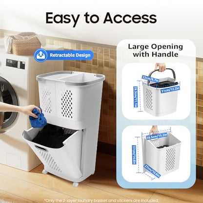 2 Tier Rolling Laundry Hamper Sorter, Removable Laundry Basket Cart with Wheels and Handle Removable Clothes Hamper Organizer White Portable Storage Baskets with 3 Deep Baskets for Bathrooms