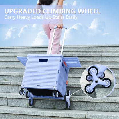 Foldable Utility Cart Folding Portable Rolling Crate with Magnetic Extended Lid,360°Rotate Wheels,176LBS Load Capacity,Heavy Duty Durable Dolly Cart(Blue) - color: Blue, size: Magnetic Extended Lid &Climber Wheels