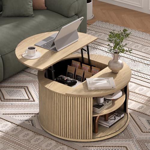 JOINICE Round Lift Top Coffee Table with Storage for Living Room,Oak | 31.5" Drum Design,Hidden Storage&Open Shelf,Boho Fluted Center Table for Small Apartments,Easy Assembly,Up to 150 lbs