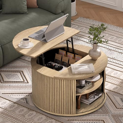 JOINICE Round Lift Top Coffee Table with Storage for Living Room,Oak | 31.5" Drum Design,Hidden Storage&Open Shelf,Boho Fluted Center Table for Small Apartments,Easy Assembly,Up to 150 lbs