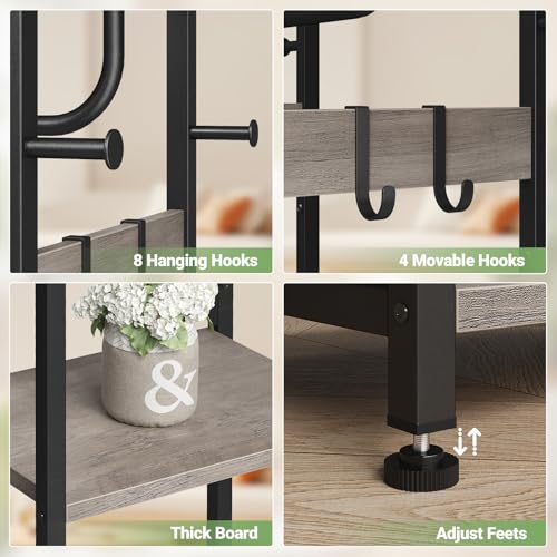 ELYKEN Coat Rack Freestanding, Hall Tree with 3 Storage Shelves and 12 Hooks, Industrial Clothes Rack Stand Organizer for Bedroom, Hallway, Entryway, Office, Living Room, Greige - color: Greige