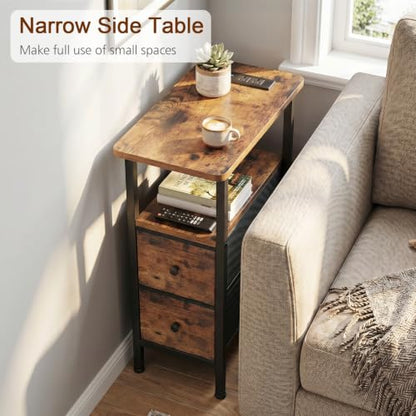 LOAKEKEL Narrow End Table with Charging Station, Side Tables Living Room | End Tables Living Room Set of 2, Skinny Nightstand with Fabric Drawers, Slim Sofa Table for Bedroom, Small Spaces, Brown - color: Rustic Brown + Black, style: Power