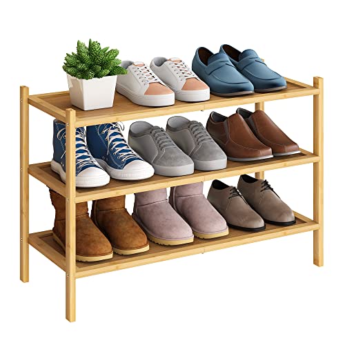 BMOSU 3-Tier Bamboo Shoe Rack Premium Stackable Shoe Shelf Storage Organizer for Hallway Closet Living Room Entryway Organizer(Natural) - color: Natural, size: 3-Tier（27*11*18.3inches）