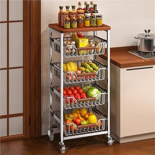 5-Tier Rolling Fruit & Vegetable Storage Cart with Drawers, Extra-Thick Metal Kitchen Organizer Cart on Wheels, Fruit Basket Stand& Fruteros para Cocina, Narrow Pantry Cart for Storage - size: 5-Tier Extra-Thick