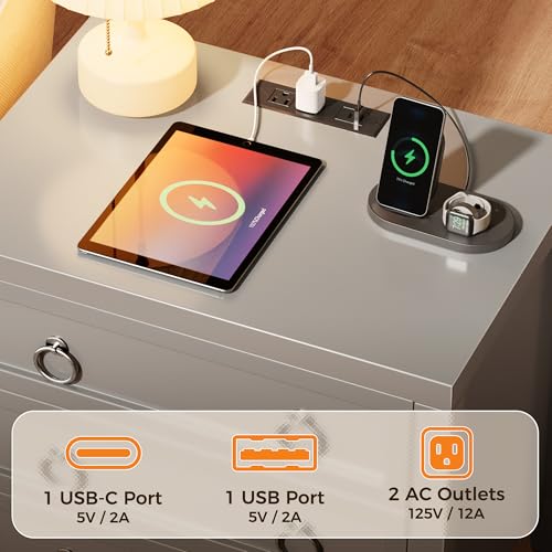 Huuger Paint Night Stand with Charger Station, 3 Drawer Nightstand Set of 2 | Larger Wider Bedside Table with USB-C Port, Modern End Table, for Bedroom, Living Room, Grey Nightstand - color: Grey