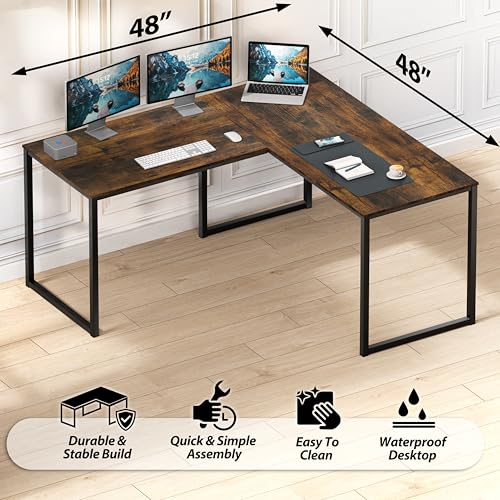 SHW Mission 48 x 48 L-Shape Home Office Computer Desk, Rustic Brown | Reversible Desktop Design - color: Rustic Brown, size: 48-Inch L-Shaped