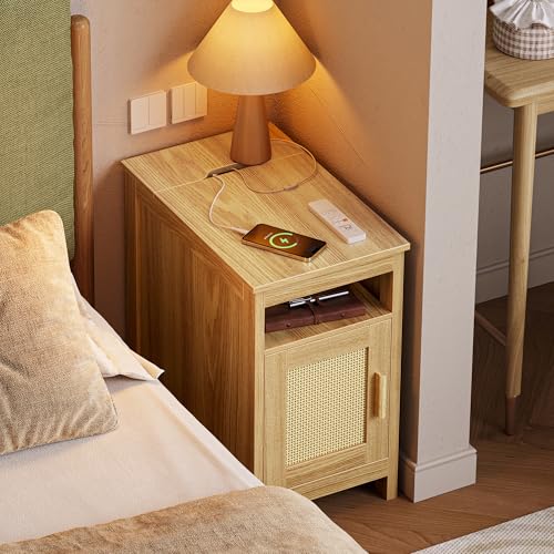 Huuger Narrow Night Stand, End Table with Charging Station, USB-C Port, Rattan Side Table with Cabinet and Open Shelf, Synthetic Rattan, for Small Spaces, Bedroom, Natural Wood - color: Natural Wood