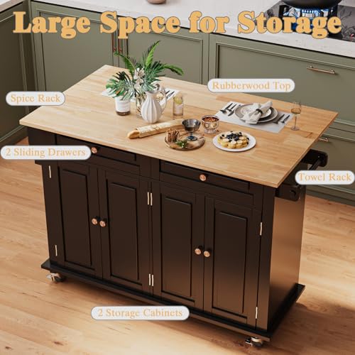 Kitchen Island with Drop Leaf, Rolling Mobile Kitchen Island on Wheels with Drawer and Storage Cabinet, Spice Rack, Towel Bar, Black - size: 51.2" W, style: Black