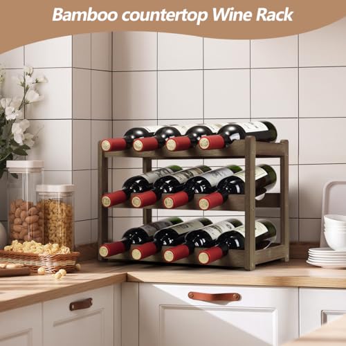 Bamboo Wine Rack, Sturdy and Durable Wine Storage Cabinet Shelf, Wine Racks Countertop for Pantry - 3 Tiers 12 Bottle Wine Rack, Moca - color: 3 Tier Moca