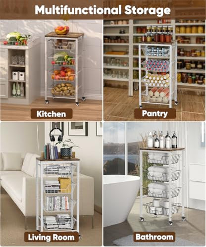 Fruit Vegetable Storage Cart for Kitchen, 5-Tier Vegetable Stand Rack with Pull-Out Fruit Baskets, Rolling Snack Cart with Wood Top & Banana Holder for Pantry, Living Room, Bathroom, White - style: White