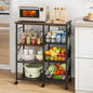 HapiRm Rolling Kitchen Carts with Storage - Microwave Table Stand with 6 Hooks & 3 Baskets, kitchen Island Cart on Lockable Wheels, 28.3" L × 14.6" W Bakers Rack Cart for Dining Room Coffee Bar Office - color: Brown