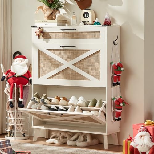 LEYAOYAO Shoe Cabinet Storage for Entryway with 2 Flip Drawers | Rack Narrow Organizer Slim Hidden Wood Shoe Cabinet Furniture - color: Off White