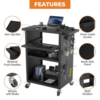 Mobile AV Cart with Pullout Keyboard Tray, Rolling Computer Cart Height Adjustable Rolling Media Utility Cart with 4 Wheels - size: Style9 24x18Wx42H