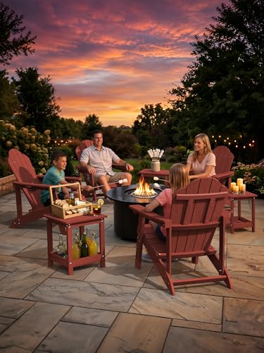 LUE BONA Small Outdoor Side Table, 2-Tier HDPE with Rail, Red | Outdoor End Table with Rail for Patio, Deck, Poolside, Weather Resistant HDPE, Low Maintenance, Easy to Clean - color: Red