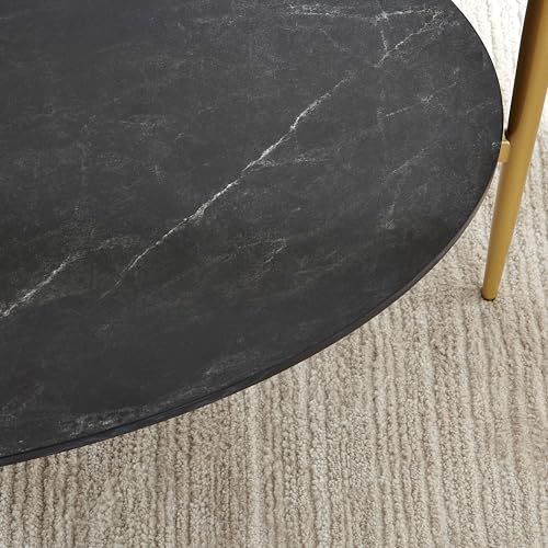 LumFurn Oval Glass Coffee Table, Mid-Century Modern Design, L43 x W22 x H17 inch, Surfboard Shaped Grey Glass Top and Black Marble Finish Wood Shelf, Tapered Legs with Gold Finish Frame - color: Grey & Black Marble, size: L43" Surfboard Coffee Table