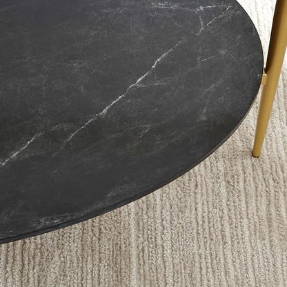 LumFurn Oval Glass Coffee Table, Mid-Century Modern Design, L43 x W22 x H17 inch, Surfboard Shaped Grey Glass Top and Black Marble Finish Wood Shelf, Tapered Legs with Gold Finish Frame - color: Grey & Black Marble, size: L43" Surfboard Coffee Table