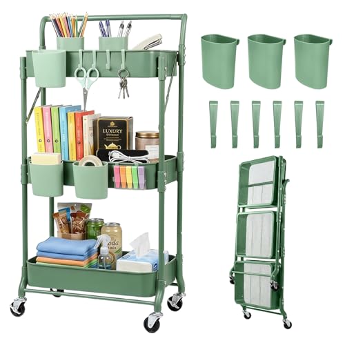 Amatic 3-Tier Folding Rolling Utility Cart with Wheels, Metal Foldable Storage Cart Organizer with 3 Hanging Cups & 6 Hooks for Kitchen, Office, Living Room, Nursery(Green) - color: Green