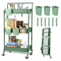 Amatic 3-Tier Folding Rolling Utility Cart with Wheels, Metal Foldable Storage Cart Organizer with 3 Hanging Cups & 6 Hooks for Kitchen, Office, Living Room, Nursery(Green) - color: Green