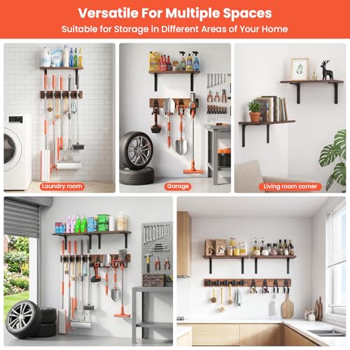 Broom Holder Wall Mount 33.8inch with Wooden Shelf ,Rustic Wood Broom Hanger 5 Racks&4 Hooks,Laundry Room Organization with Steel Garage Storage Hooks, Mop Hanger Broom Rack for Laundry Room, Garage. - size: 33.8"Large