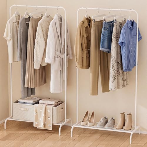 Small White Clothing Rack 2 Pack, Metal Garment Rack No Wheels, Free Standing Clothes Rack with Bottom Shelf for Hanging Clothes, Space Saving Closet Organizer for Bedroom, Laundry Room - color: White /2-Unit