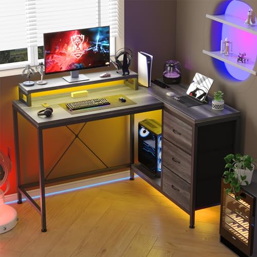 Patikuin L Shaped Desk with Power Outlets & LED Lights, Computer Desk with Drawers & Shelves, Corner Desk Gaming Desk Home Office Desk, Oak - color: Oak