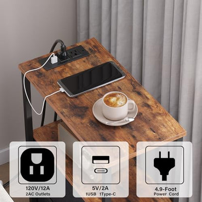 TUTOTAK Small Narrow LED End Table with Charging Station, Side Table Outlets, Nightstand with Cloth Drawer, Set of 2, Couch Table, for Living Room, Bedroom, Bedside, Brown and Black TB01BB059K - color: Brown and Black, style: 1 Drawer with Plug & Light