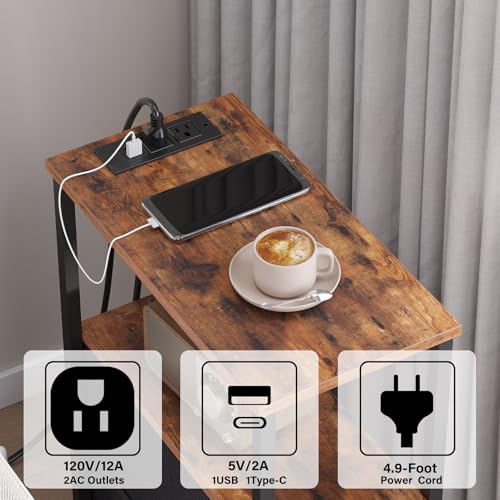 TUTOTAK Small Narrow LED End Table with Charging Station, Side Table Outlets, Nightstand with Cloth Drawer, Set of 2, Couch Table, for Living Room, Bedroom, Bedside, Brown and Black TB01BB059K - color: Brown and Black, style: 1 Drawer with Plug & Light