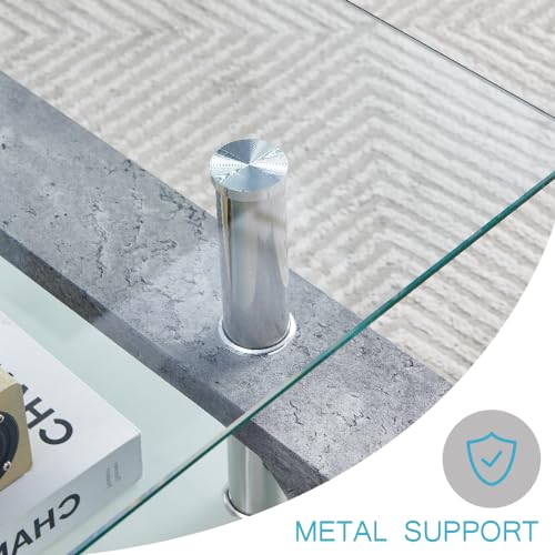 Living Room Rectangle Coffee Table, Tea Table Suitable for Waiting Room, Modern Side Coffee Table with Wooden Leg, Glass Tabletop with Lower Shelf,Grey Marble - color: Grey Marble