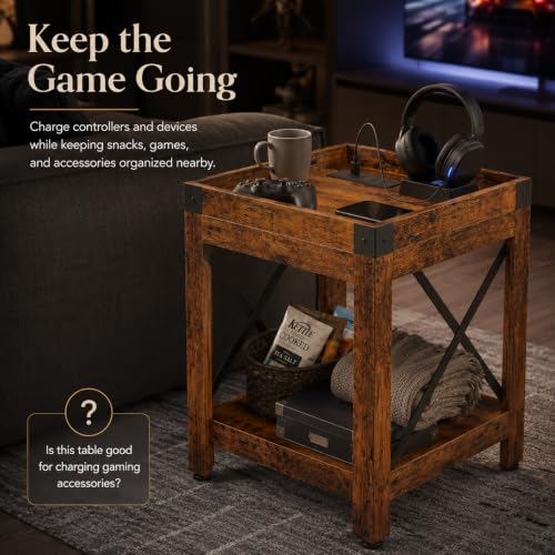 Farmhouse Side Table with Charging Station,2-Tier Square End Table | 2-Tier Shelf Modern Sofa Couch Table Bedside Nightstand With X-Frame for Living Room Bedroom Office Small spaces,Rustic Brown - color: Rustic Brown, style: With Outlets