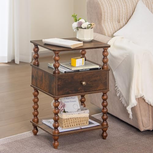 AWASEN Night Stand, Bed Side Table Bedroom with Drawer, 3-Tier Small Nightstand End Table with Storage for Small Spaces &Solid Wood Spindle Legs, Rustic Brown - color: Rustic Brown